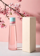 Elegant glass perfume bottle with delicate pink cherry blossoms and a matching box