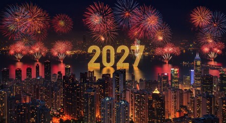 Aerial shot of a city skyline at night, with fireworks exploding behind illuminated numerals "2027" over water. Buildings are lit up