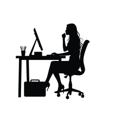 Woman working at desk with computer and briefcase silhouette chair