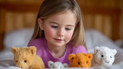 Young Girl Arranging Colorful Stuffed Animals on a Bed with Joyful Expression