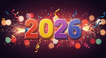 A vibrant, festive digital graphic displays the year 2026 in colorful 3D numerals, with sparking fireworks & confetti against a bokeh background