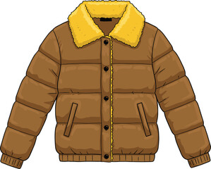 Brown winter jacket illustration, warm puffer coat with yellow collar, cartoon outerwear, cozy cold weather fashion for men or kids