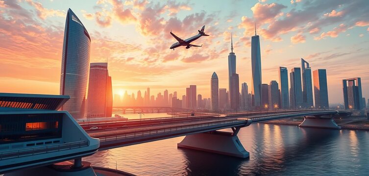 Futuristic city bridge with skyscrapers, flying plane, and modern architecture, cityscape, skyscraper city