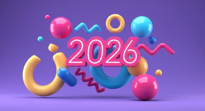 A vibrant 3D illustration displaying the year "2026" in bold, pink-outlined font, amidst a colorful array of floating geometric shapes