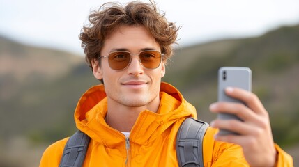 Young Man in Orange Jacket Taking a Selfie Outdoors with Scenic Mountain Background