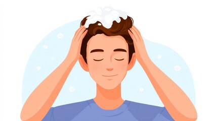 Young Man with Thick Hair Applying Shampoo Foam in a Bright and Clean Environment