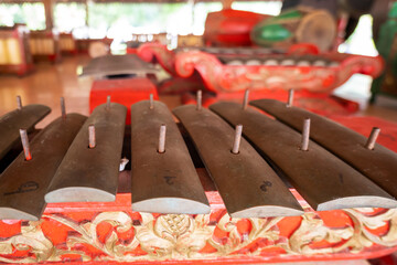 Gambang part of Indonesian Gamelan musical instruments, close-up with selective focus. Musicology,...