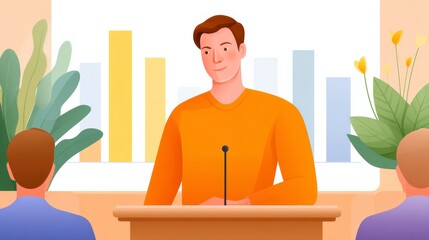 Young Man Presenting Growth Data from a Podium to Engaged Audience in a Business Setting