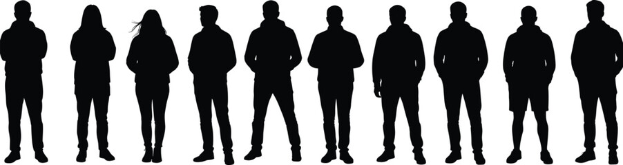 Business professionals in formal attire – silhouette illustration of men and women in office suits, standing poses for corporate concepts.