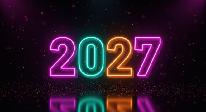 A vibrant, neon-style "2027" is displayed. The numbers are outlined in various colors (pink, teal, orange) against a dark background with sparkling particles and a reflective surface