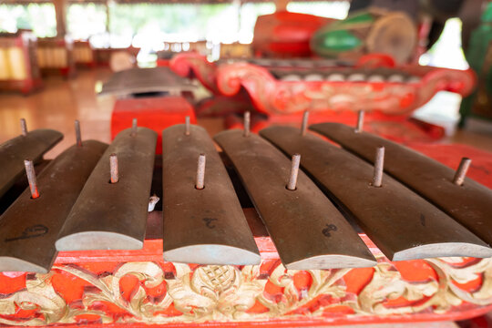 Gambang part of Indonesian Gamelan musical instruments, close-up with selective focus. Musicology, ethnomusicology concept image