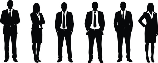 Business professionals in formal attire – silhouette illustration of men and women in office suits, standing poses for corporate concepts.