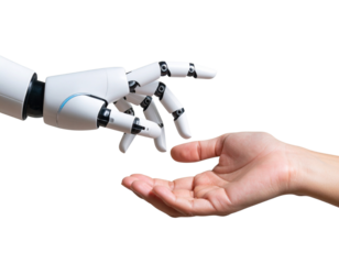 Robotic Hand and Human Hand in a Tender Gesture, Top-Down View, Isolated on Transparent Background PNG