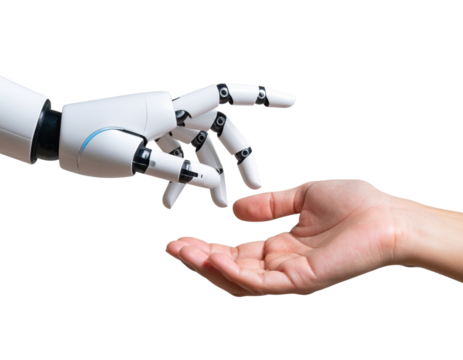 Robotic Hand and Human Hand in a Tender Gesture, Top-Down View, Isolated on Transparent Background PNG