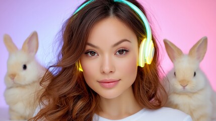 Young Woman Wearing Neon Headphones Surrounded by Friendly White Rabbits in a Colorful Studio Environment
