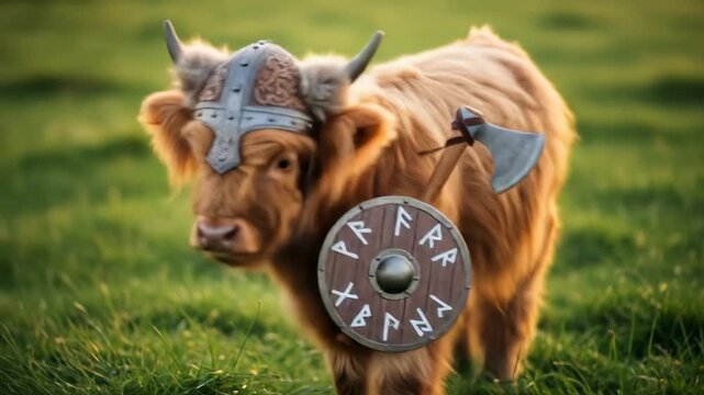 Highland Cow in Viking Helmet with Shield and Axe - A cute Highland cow calf stands in a lush green field, adorably outfitted with a miniature Viking helmet, shield, and axe.