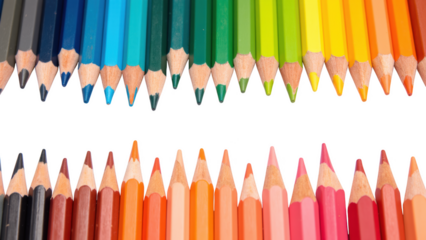 Colorful pencils arranged in two rows, showcasing vibrant spectrum of colors from dark to light. Perfect for artistic projects and creativity