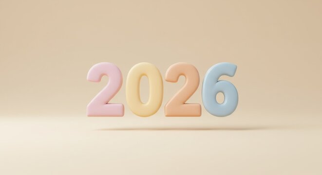 Pastel 3D rendered text displaying "2026" against a neutral background. The numbers are in various soft colors. Gentle lighting with subtle shadows