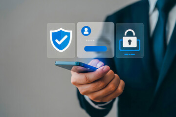 Businessman using smartphone with digital security icons for data protection and privacy