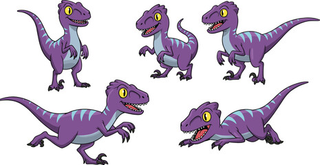 Cartoon Purple Velociraptor Dinosaurs in Different Poses – Cute Prehistoric Dino Characters – Fun Jurassic Reptile Clipart for Kids Projects