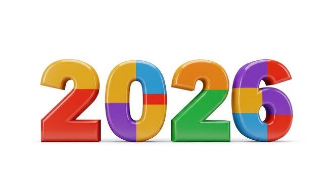 Vibrant, multi-colored "2026" text rendered in 3D, each digit segmented into varying colors and positioned against a plain white backdrop