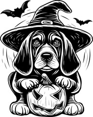 SVG of a Halloween dog wearing a witch hat with a pumpkin in a cute festive style.  Cute Beagle in Witch Hat with Pumpkin for Halloween Celebration