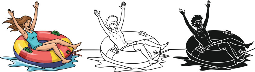Illustration of people enjoying water tubing activities at a water park in different styles