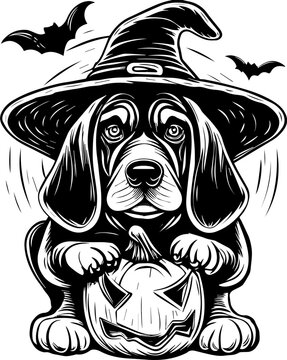 SVG of a Halloween dog wearing a witch hat with a pumpkin in a cute festive style.  Cute Beagle in Witch Hat with Pumpkin for Halloween Celebration