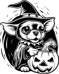 Fototapeta premium SVG of a Halloween dog wearing a witch hat with a pumpkin in a cute festive style. Cute Witch Dog with Pumpkin for Halloween Celebration Decor