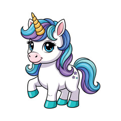 Naklejka premium Adorable Chibi Unicorn with Rainbow Mane Vector illustration