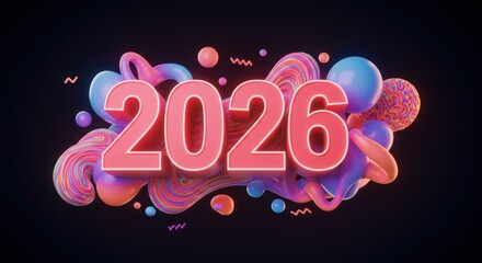 A vibrant, digitally rendered illustration of the year 2026 in large, bold, pink numbers with a glowing outline, set against colorful, swirling shapes