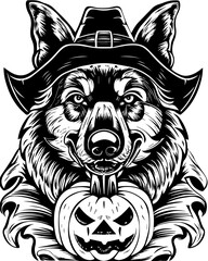 Obraz premium SVG of a Halloween dog wearing a witch hat with a pumpkin in a cute festive style. Festive Halloween Shepherd Dog with Pumpkin Graphic Illustration