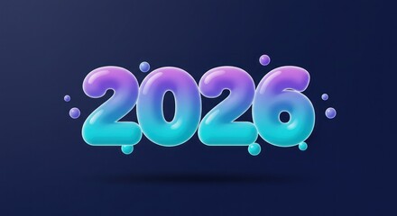 A glossy, gradient-colored, three-dimensional "2026" with floating spheres against a dark blue background, evoking a futuristic vibe