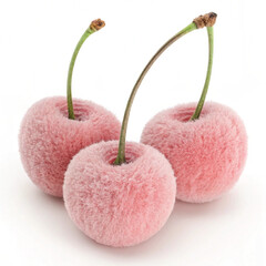 Three frozen cherries with stems isolated on white background