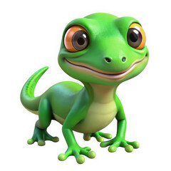 Fototapeta premium Cute cartoon green gecko lizard with big orange eyes isolated on transparent background
