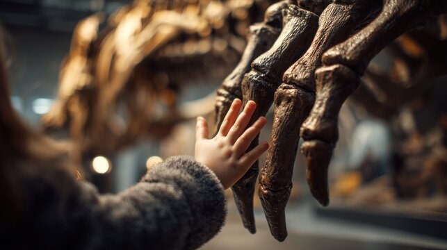 Child's hand touches dinosaur fossil