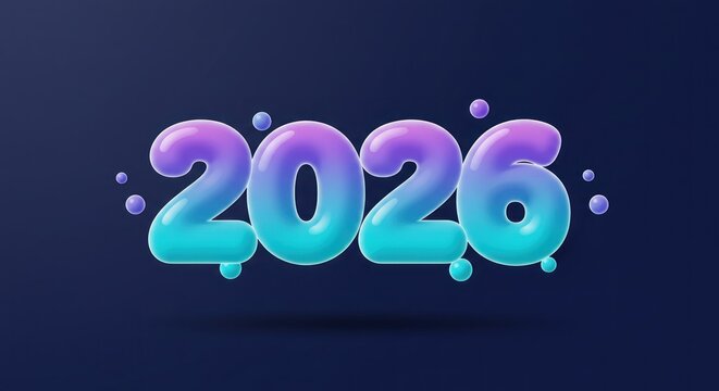 A glossy, gradient-colored, three-dimensional "2026" with floating spheres against a dark blue background, evoking a futuristic vibe