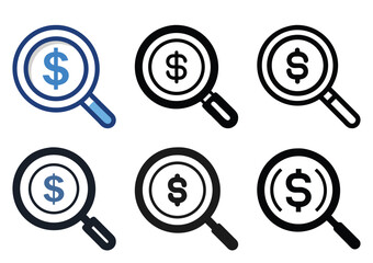 Different styles of dollar sign magnifying glass financial audit symbols