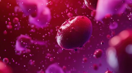 Red Blood Cell Microscopic View with Pink Fluid on Dark Crimson Background