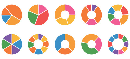 Colorful Pie Charts Displaying Data Distribution. Colorful pie chart collection for business reports and data analysis presentations, modern infographics resource. 