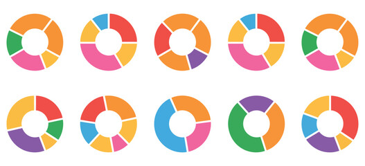 Colorful Pie Charts Displaying Data Distribution. Colorful pie chart collection for business reports and data analysis presentations, modern infographics resource. 