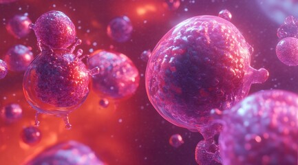 Fototapeta premium Microscopic Pink Cells Floating in Red, Bioluminescent Background