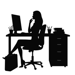 Woman working at desk with computer and files silhouette office