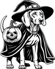 SVG of a Halloween dog wearing a witch hat with a pumpkin in a cute festive style.  Adorable Dog in Witch Costume with Pumpkin for Halloween Celebration