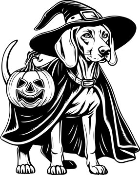 SVG of a Halloween dog wearing a witch hat with a pumpkin in a cute festive style.  Adorable Dog in Witch Costume with Pumpkin for Halloween Celebration