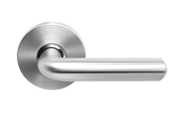 Stainless steel door handle.  Rounded, curved, and simple design.  Sleek, modern, and contemporary style.  Circular plate and angled lever