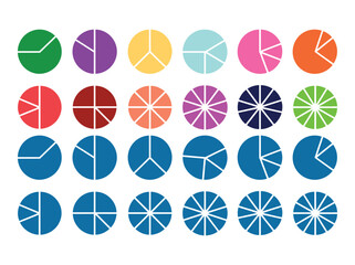 Colorful Pie Charts Displaying Data Distribution. Colorful pie chart collection for business reports and data analysis presentations, modern infographics resource. 