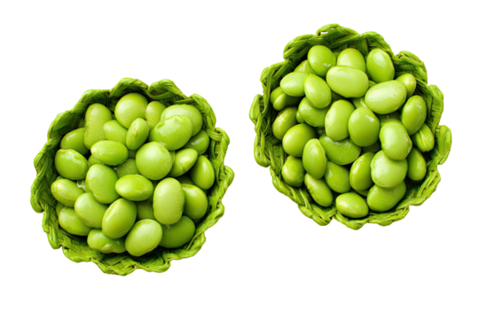 Two small, round, green containers hold many bright green soybeans.  The containers have a slightly scalloped edge