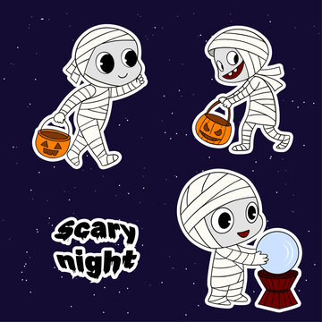 Stickers set collection for Halloween occasion. Cute and magical characters in white bandage. Halloween decoration autumn october festive