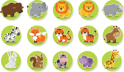 Cute Cartoon Animals Set – Jungle, Farm & Forest Wildlife Characters for Kids, Isolated Vector Icons with Green Circle Backgrounds